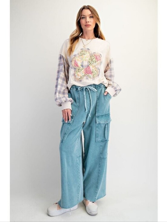 easel Pants - Easel "Durango" French Terry Cargo Wide Leg Pants in Teal Blue Sz S